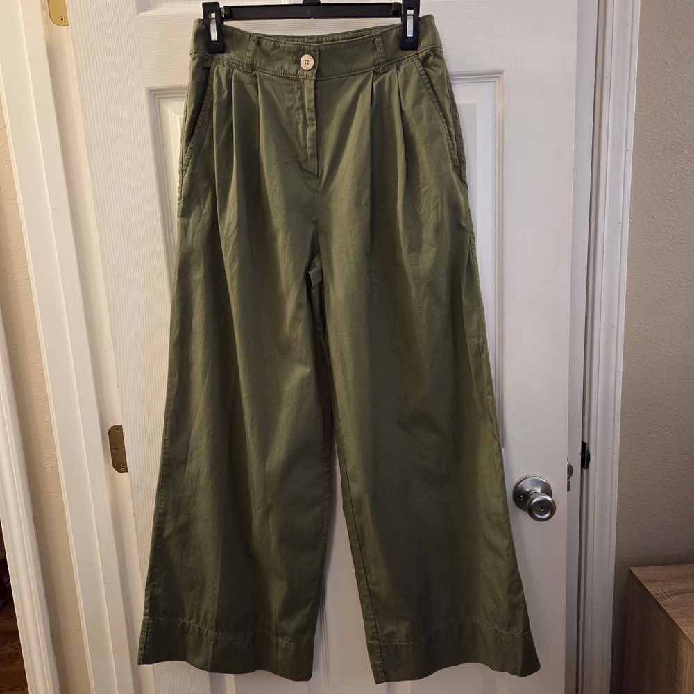 LOFT sz 0 100% Cotton Olive Green Wide-Leg pleated trouser Pants career casual